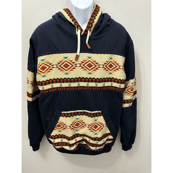 AMAWA Southwestern Hoodie Aztec Wool Blend Navy Blue Ecuador Pullover Men's 2XL - Picture 5 of 7